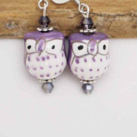 Purple Hand Painted Porcelain Owl Earrings - Handmade & Hypoallergenic - Picture 5 of 6